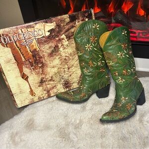 Old Gringo Green Floral Tooled Western Boots with Gold Accents